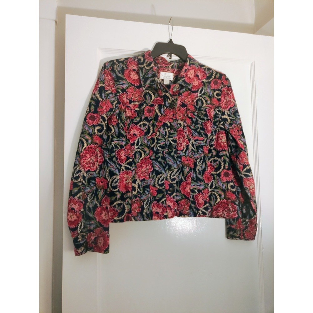 Christopher & Banks Floral Stretch Denim Jacket Women's L Cotton Cottagec